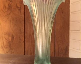 Ice green Fenton vase with flutes top, about 12-inches tall. 
