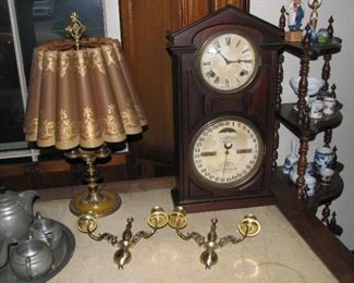 nice clock, lamp and pewter tea set