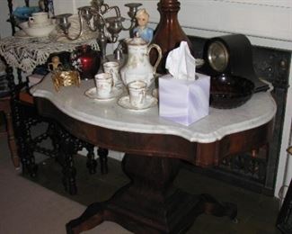 marble top table, mantle clock, chocolate set and more