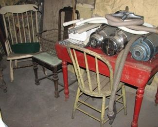 3 electrolux vacs, primitive table and lots of chairs