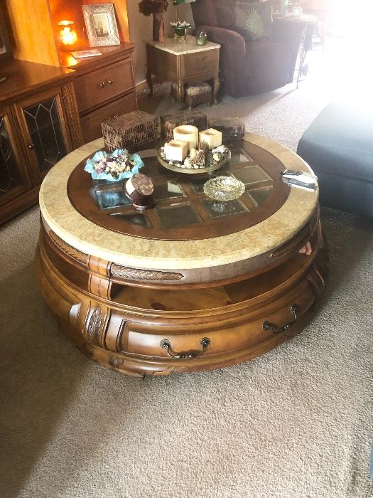 1 of 2 Solid Oak coffee table with glass top inserts with Marble inlay. Has two drawers for storage