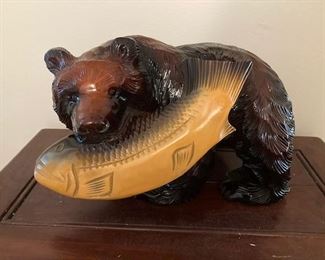 Japanese Wood Carving Bear with Fish Ainu Japan Hand Carved