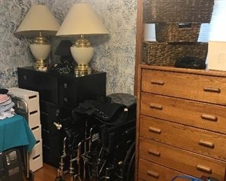 Lamps and matching Black dresser, oak dresser and 2 like new wheelchairs!