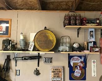 Even more! Check out the antique oil containers! Enarco oil can, Champion spark plug radio, Top shelf holds a 6 pack of Hudson Motor oil glass jars and carrier! Vintage Pepsi carrier with bottles too!