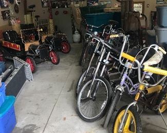 Inside the Model T garage you’ll find the Speedster and more T parts. Power hand tools. Chilton manuals and related items. Antique automotive too! 7 Schwinn bikes!