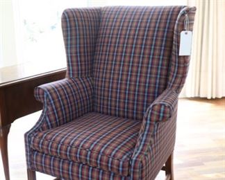 plaid moire fabric wing chair that looks new                  32w x 26d x 44h