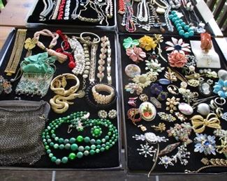 Costume jewelry pins & bracelets. Mesh purses(poor condition)