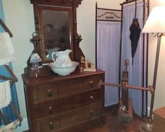 Victorian dresser, bowl & pitcher, screen, yarn winder & floor lamp