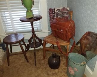 stand, lamp, chair & brown jug