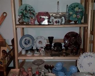 Milk glass, Majolica plates, ruby red glass, decorated  china bowls  & blue agate  cherry blossom  tea set (for kids or dolls) 