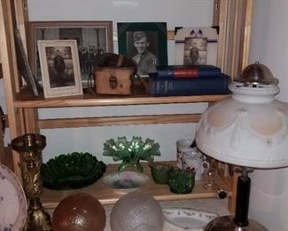 photos, green glass, brass newel post lamp & kerosene lamp with satin glass shade