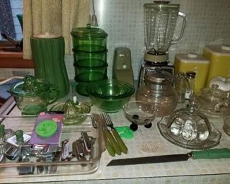 green glass vintage kitchen items, 