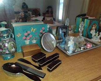 colorful vase, ladies dresser items & more