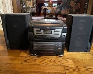 JVC-XC11 AM/FM, cassette, and CDS player with GE speakers (radio, cassette B, and all 3 CD trays played - one speaker sounds great but the other is weak)