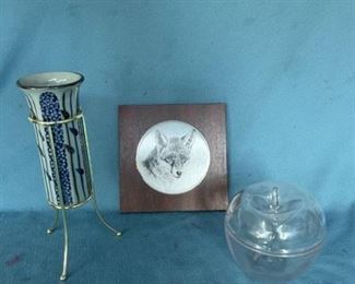 Takakashi bud vase from Japan, plastic candy jar , and quality FPS etching on mahogany