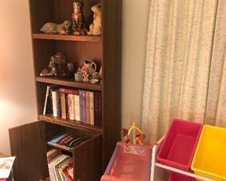 shelf, books, toy bin 