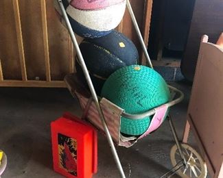 vintage doll stroller, Harlem Globetrotters basketball, playground balls