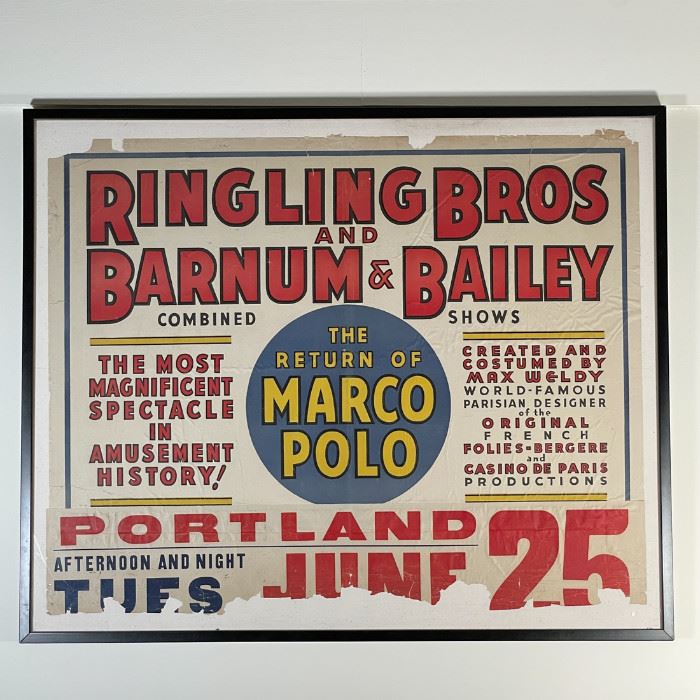 RINGLING BROS AND BARNUM & BAILEY POSTER | Ringling & Barnum combined show circus poster: "THE RETURN OF MARCO POLO / Portland / June 25 … The Most Magnificent Spectacle in Amusement History!" [some condition issues as pictured, in overall good condition commensurate with age]; sheet 32 x 40-1/2 in. (approx.); overall 36-3/4 x 44-1/2 in. (frame) 