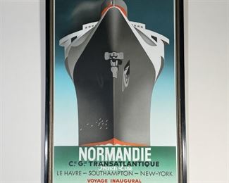 NORMANDIE POSTER | "Normandie Cie. Gle. Transatlantique / French Line / Le Havre - Southampton - New-York / Voyage Inaugural / 29 Mai 1935" with signature in the print upper right, "A.M. Cassandre 35"; in a black frame; overall 42 x 27 in. 