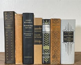 (7vol) FANCY BINDING | A collection of hardcover books, including: "An Anthology of World Poetry," James Boswell: The Earlier Years 1740-1769, Boccaccio: The Decameron (plus an illustrated edition of The Decameron), Dwight D. Eisenhower: Crusade in Europe, Wuthering Heights, and a title by Geoffrey Chaucer [varying condition, as pictured] 