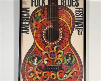 1967 AMERICAN FOLK BLUES POSTER | "Lippmann + Rau present the Original American Folk Blues Festival" 1967, appearing in overall good condition (some creasing/folds, pine holes and minor loss to corners), under glass in a black frame; overall 34-1/4 x 24-1/2 in. 