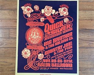 QUICK SILVER AVALON POSTER | 1960s concert poster: "Family Dog Presents / Quick Silver Messenger Service / Big Brother & The Holding Co. / Country Joe & The Fish / Lights by Ben Van Meter & Roger Hillyard / Nov. 25-26. 9P.M. / Avalon Ballroom / Sutter at Vanness - San Francisco / Family Dog 1966" [appearing in overall good condition, small tear/loss to lower margin, pin holes to corners, some creasing, condition commensurate with age and as pictured]; 20 x 15 in. 