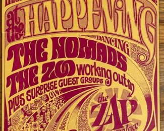 THE ZAP PALACE POSTER | Chamberlin, 1967: "Erich Langmann Presents in L.A. at the Happening / Dancing / The Nomads / The Zoo working out in the Zap palace / Plus Surprise Guest Groups / Giant Light Boxes / Love / (Unique =) Liquid Sunshine Direct From the Avalon in San Francisco / Stropes / Animal Huxley of Cheeta Fame / black light cave ... A Total Electro Audio Visual Environmental Experience on Ceiling, Walls, and You!"; 16-1/4 x 10-1/4 in. 