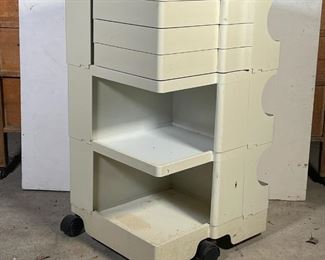 BOBY / JOE COLOMBO CART | "Boby" rolling storage cart / trolley by Joe Colombo for Bieffeplast, Italy with many shelves and pullout compartments, ABS plastic in an off-white color, marked on the bottom; h. 29-1/4 x w. 16-3/4 x d. 16-1/4 in. 