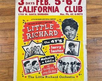 LITTLE RICHARD POSTER | Concert poster: "3 BIG DAYS FEB. 5-6-7 / CALIFORNIA CLUB / 1759 W. SANTA BARBARA / Res. Ph. AX 6-9873 / Little Richard & his Royal Company / The King of Rock & Rhythm Little Richard / The 4T's / larry laster / Malcom & Eddie / The Royal Guards / The Little Richard Orchestra" [with tears/small losses to edges, condition as pictured]; 27-1/2 x 22 in. 