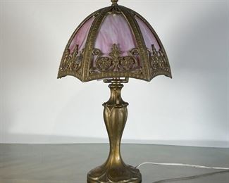 SLAG GLASS LAMP | Painted metal with a pink and milky off-white slag glass shade [untested, crack to shade]; h. 16 x dia. 9-1/2 in. 