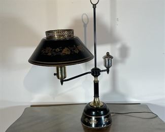 ANTIQUE TOLE FLUID LAMP | Back tole base and shade painted with gold leaf motif; h. 25-1/2 x w. 17 x d. 12 in. 