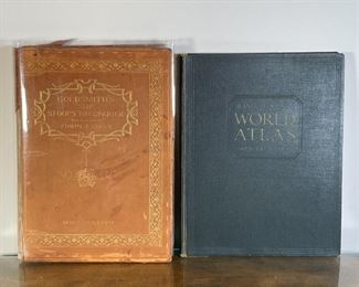 (2vol) DR. GOLDSMITH's & ATLAS | Including Goldsmith's She Stoops to Conquer with drawings by Edwin A. Abbey in gilt tooled leather binding, pub. New York, Harper & Brothers (MDCCCLXXXVII); plus Rand McNally World Atlas premier edition, in green leather binding 