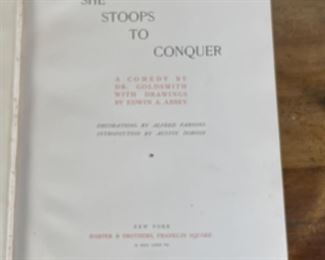 (2vol) DR. GOLDSMITH's & ATLAS | Including Goldsmith's She Stoops to Conquer with drawings by Edwin A. Abbey in gilt tooled leather binding, pub. New York, Harper & Brothers (MDCCCLXXXVII); plus Rand McNally World Atlas premier edition, in green leather binding 