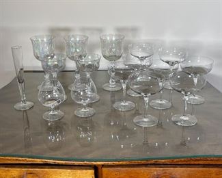 GROUP MISC. CRYSTAL GLASSWARE | Including a set of 8 cocktail glasses with no apparent markings (h. 5-1/4 x dia. 4 in.); a pair of glasses, a set of 3 hock glasses (h. 7-1/4 x dia. 3-1/4 in.); and a pair of small brandy glasses; plus a tall shooter / flute (h. 7-1/2 in.) 