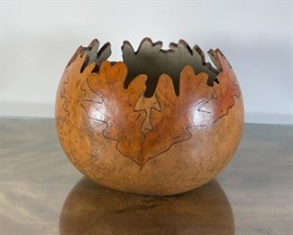 GOURD CENTER BOWL | With cut edge and burned/painted leaf motif, signed on the bottom "CALLAWAY COLONIALS"; h. 8 x dia. 12 in. 