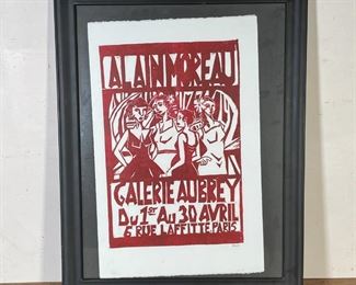 ALAIN MOREAU PRINT | Alain Moreau Galerie Aubrey poster, Paris, framed under glass, appears to be original, pencil inscribed "FINE" lower right; sheet approx. 22-1/4 x 14-1/4 in.; overall 27 x 21-1/4 in. (frame) 
