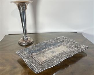 (2pc) SILVER PLATE & OTHER | Including an Indian silver plated tall compote (h. 13 x 6-1/2 in.) and a Mexican silvered metal tray (material unknown, possibly stainless steel) (17 x 10-1/2 in.) 