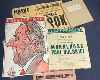 COLLECTION POLISH POSTERS | Primarily Polish theater posters, including: a folio titled "Polski afisz teatralny 1765-1939," a collection of reproductions of theater posters selected by Ewa Makomska, c. 1974; plus a Muzeum Karykatury "Eryklipinski Wystawa" poster c. 1988; and other Polish theater posters, including "Moralnosc Pani Dulskiej," "Wieczor Ballad," "Teatr Miejski w Sosnowcu / Premiera Wyrok," "Panstwowy Teatr Polski W Ponzaniu" and many others 