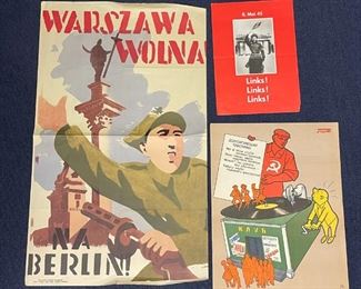 (3pc) WWII & SOVIET POSTERS | Including a red poster with image of a woman waving a flag, reading "8. Mai 45 / Links! Links! Links!"; a "WARSZAWA WOLNA" [Free Warsaw] poster; and a USSR advertising and/or propaganda poster [LP / Long-lasting Plates] 