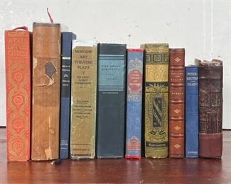 (10vol) FANCY BINDINGS | 18th to 20th century hardcover books, including: "Francis Rabelais The Man and His Work" by Albert Jay Nock and C. R. Wilson, illustrated (pub. Harper & Brothers, 1929); "Paradise Lost A Poem, in Twelve Books" by John Milton, adorned with cuts (pub. Glasgow: Robert Urie, 1752); "Sesame and Lillies" three lectures by John Ruskin (pub. George Allen, 1900); an illustrated "Franklin Edition" of Poe's Poems / The Complete Poetical Works of Edgar Allan Poe with a memoir by J. H. Ingram (pub. Worthington Co., 1887); plus editions of "A Tale of Two Cities," "Animal Farm," "Moscow Art Theatre Plays," "Five Great Dialogues" by Plato, "The Social Contract and Discourses" by Rousseau, and "Resurrection" by Tolstoy 
