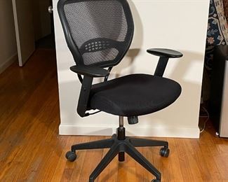 BLACK OFFICE CHAIR | Adjustable computer / desk chair with a cushioned mesh seat and mesh back rest, armrests, on casters; h. 41-1/2 x w. 27 x d. 24 in. 