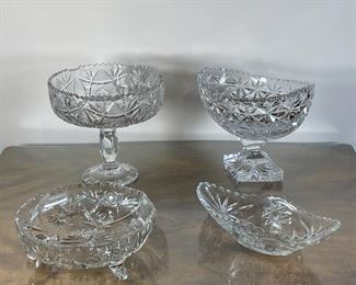 (4pc) CUT GLASS BOWLS | Including two compote / pedestal bowls, a low footed bowl, and an oval dish; tallest h. 8 x dia. 8-1/4 in. 