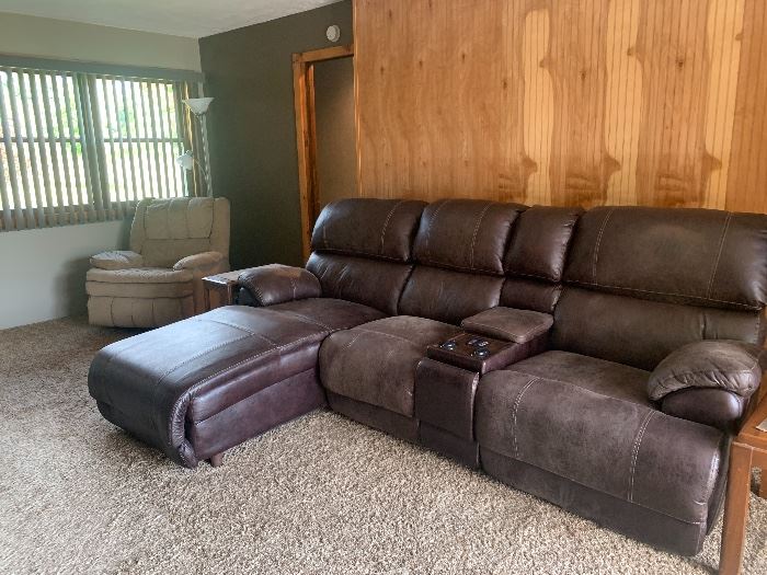 LEATHER ELECTRICAL MASSAGING RECLINER SOFA WITH CHAISE LOUNGE.  MASSAGE & HEAT.  ALL THREE PIECES RECLINE AND THE CHAISE LOUNGE RECLINES ALL THE WAY DOWN. 