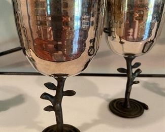 Pair/modern silverplate goblets with wrought iron stems