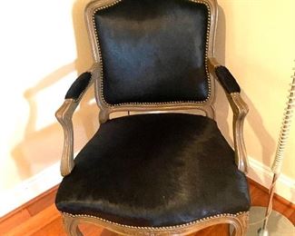 Louis XV style black hide arm chair with faux lizard back