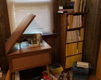 Sewing Machine, Book Shelf, Vintage Typewriter