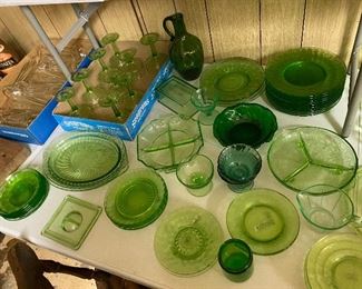 Huge assortment of green Depression glass