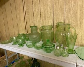 Huge assortment of Green depression glass