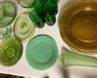 Huge assortment of green depression glass
