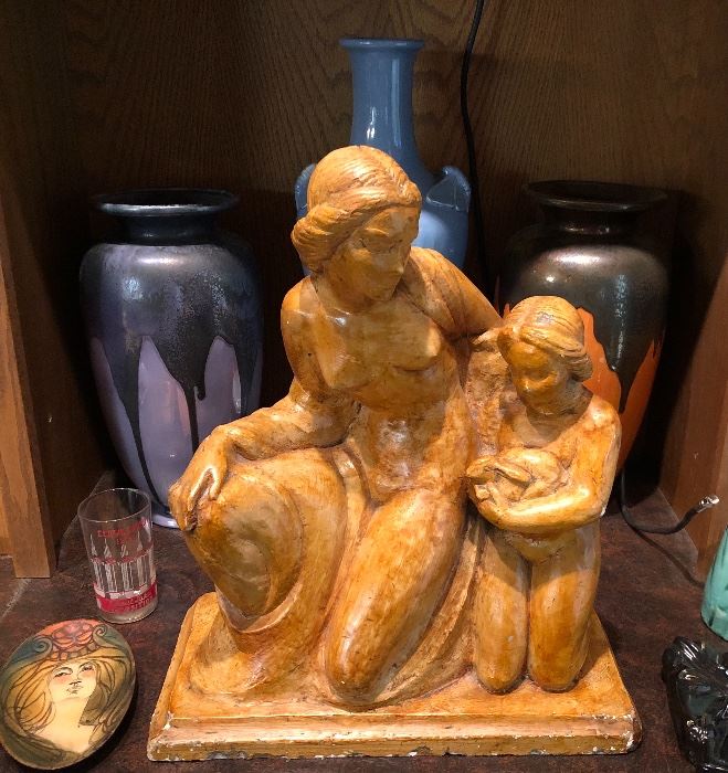 Large plaster sculpture of mother with child & rabbit attributed to Waylande Gregory and designed at Cowan studio, but never put into production.